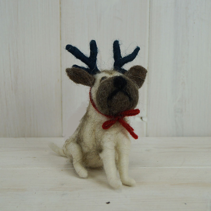 Woolen Sitting Dog With Antlers and Scarf detail page